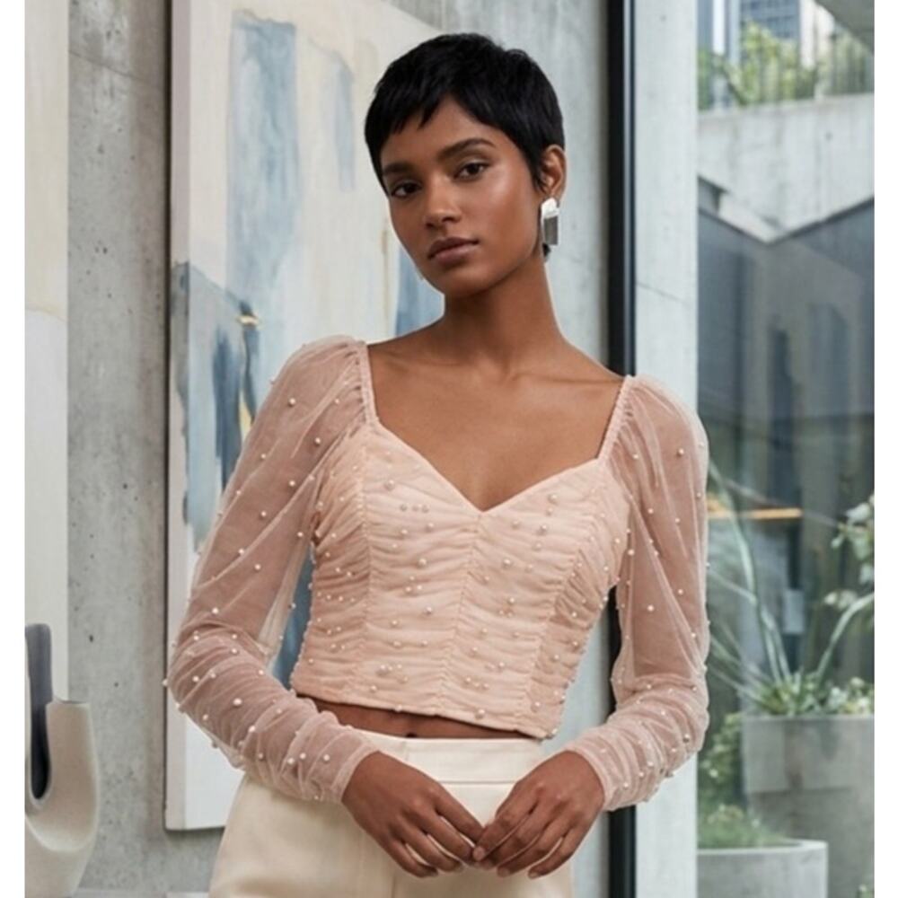 Peach mesh and coquette pearl crop top/corset style blouse